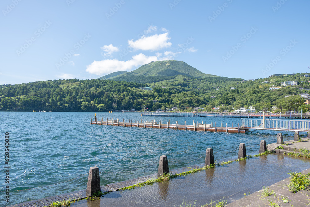 Lake Ashinoko with Komagatake Ropeway on top of mountain, Hakone city, Kanagawa prefecture, Japan