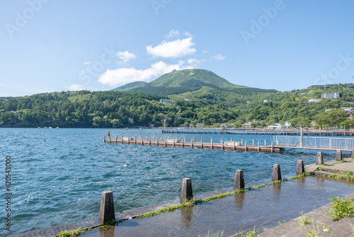 Lake Ashinoko with Komagatake Ropeway on top of mountain  Hakone city  Kanagawa prefecture  Japan