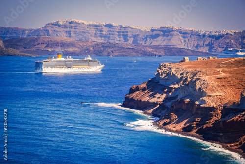 Satorini, Greece - Aegean Sea landscape with Thira Island, Cyclades. photo