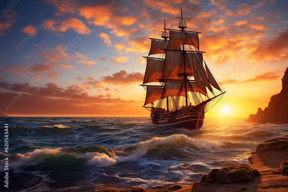 A majestic pirate ship sailing the ocean at sunset, Generative Ai