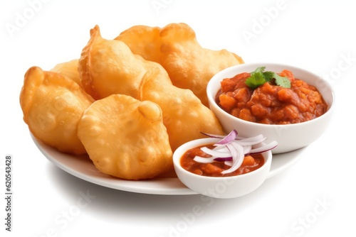 a plate of hyperrealistic Puri Bhaji takes center stage on a pristine white background photo