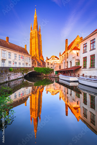 Bruges, Belgium. Dijver Canal and Church of Our Lady, West Flanders.