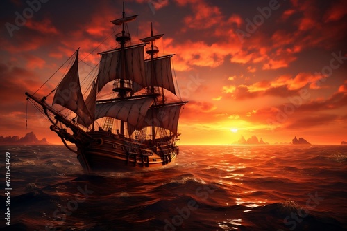 A majestic pirate ship sailing the ocean at sunset, Generative Ai