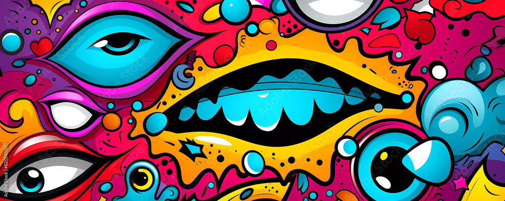 Comics illustration, retro and 90s style, monster pop art, abstract crazy and psychedelic background, Generative AI