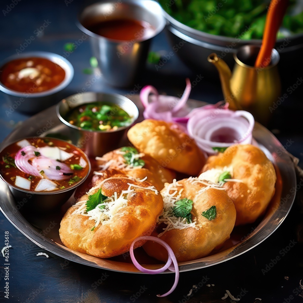 a plate of hyperrealistic Puri Bhaji takes center stage on a pristine white background