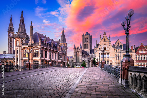 Gent, Belgium. Graslei historical downtown, River Leie and bridge Sint-Michielsplein.