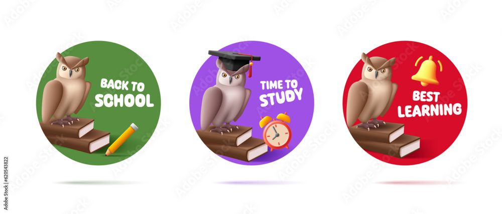 Education round stickers or labels with owl sitting on books with different school objects and quote, 3d illustration