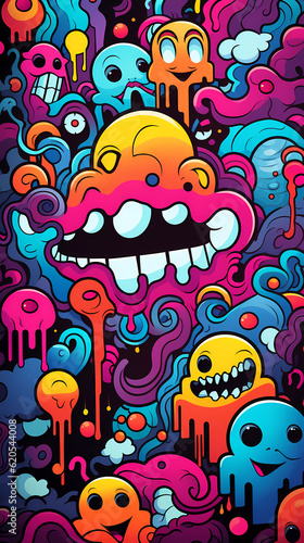 Comics illustration, retro and 90s style, monster pop art, abstract crazy and psychedelic background, Generative AI