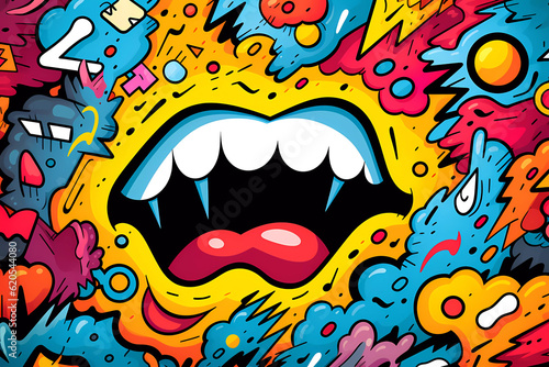 Comics illustration, retro and 90s style, monster pop art, abstract crazy and psychedelic background, Generative AI