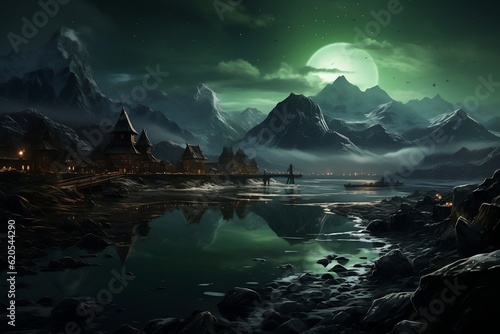 A picturesque Viking village nestled within a stunning Viking landscape, surrounded by water and illuminated by the captivating Northern Lights against a dark sky, Generative Ai