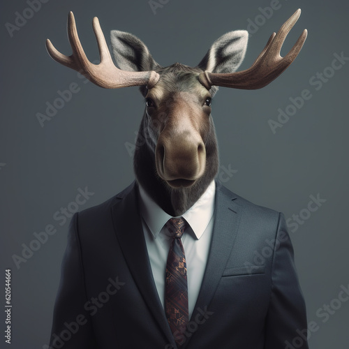 Image of a deer moose businessman wearing a suit on clean background. Wildlife Animals. Illustration, generative AI.
