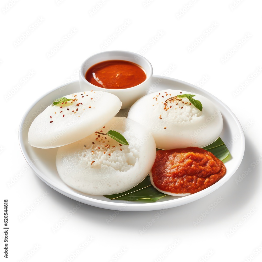 South indian sambar and idli on plate white background South indian sambar and idli on plate white background