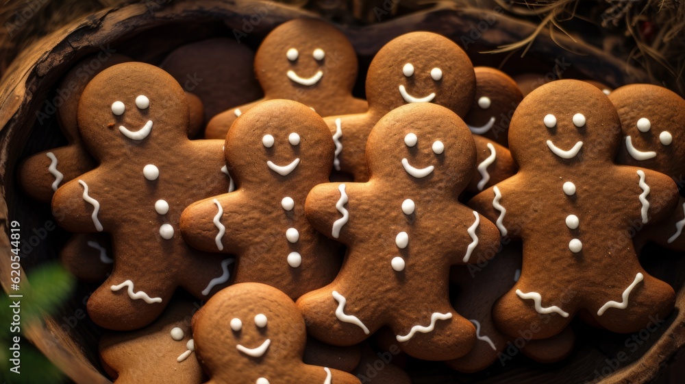 Christmas food bakery bake baking photography background - Closeup of many gingerbread men cookies on table (Generative Ai)