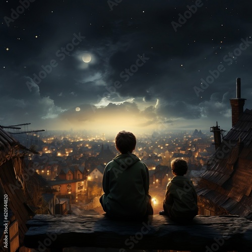 A charming rooftop scene featuring two boys under the full moon in the night, Generative Ai