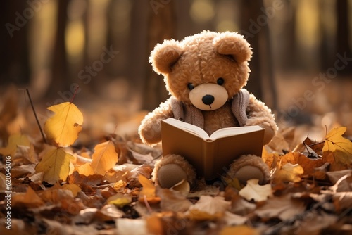 An adorable teddy bear engrossed in a book, Generative Ai photo