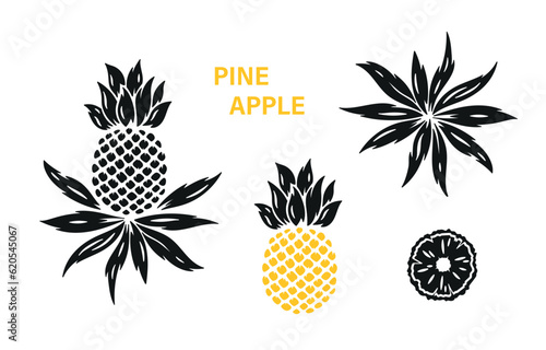 Pineapples Vector Set. Tropical Fruit. Pineapple Black silhouettes icons Isolated on white.