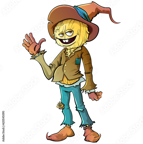 Happy cartoon scarecrow waving in a friendly way