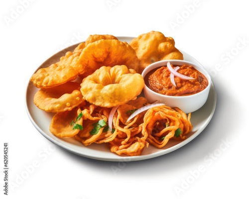 a plate of hyperrealistic Puri Bhaji takes center stage on a pristine white background