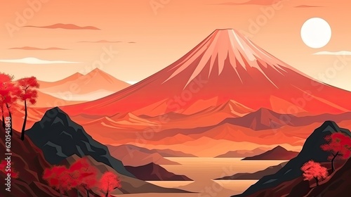 Mount fuji painting in warm colors. Background with copy space