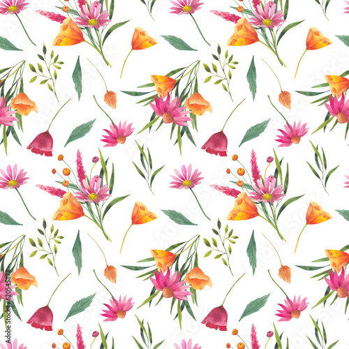 Fototapeta Naklejka Na Ścianę i Meble -  Floral seamless pattern with abstract wildflowers, california poppies, plants and delicate branches, watercolor print isolated on white background for textile or wallpapers, illustration.