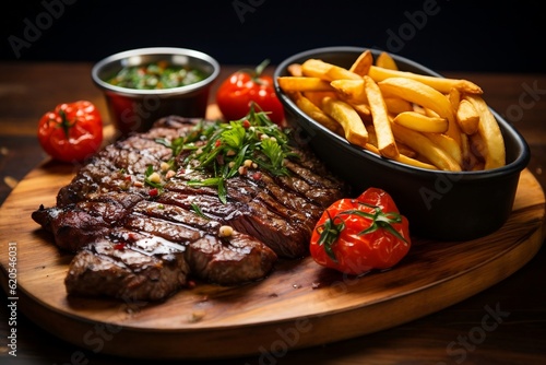 A sizzling grilled steak served with golden fries and zesty salsa, Generative Ai