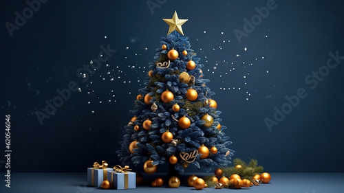 Christmas tree with decoration in the navy blue background. Generative Ai