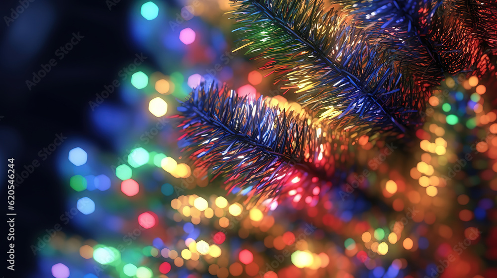 Close up of Christmas tree light in a Christmas tree. Generative Ai