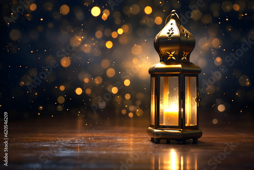 Ramadan kareem islamic festive concept. Beautiful arabic lantern, lamp with light. Background with space for text. 