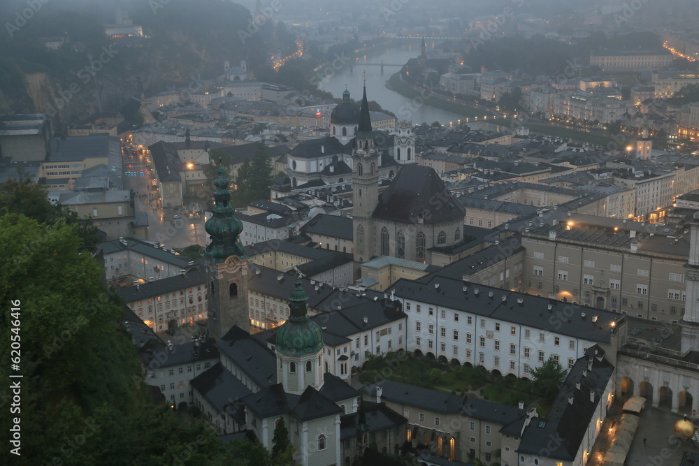 Aerial view of a city in the rain, Austria