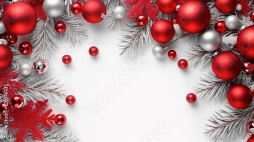 Top view photo of pine branches red christmas tree balls. Generative Ai