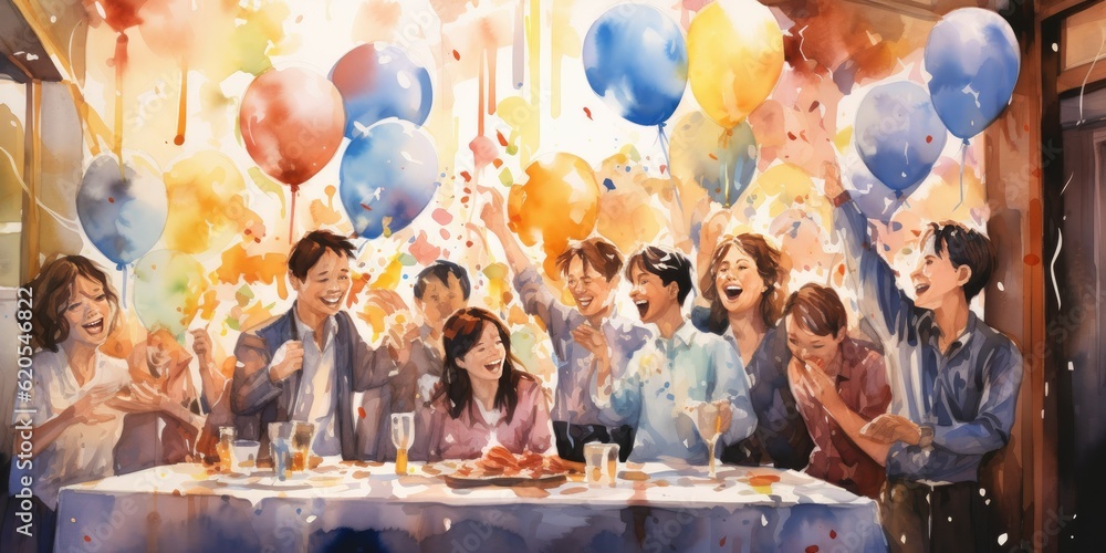 happy birthday An illustration of a joyful birthday celebration captured in watercolor Generative AI Digital Illustration Part#060723