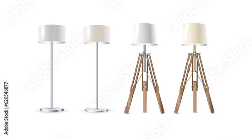 Lamp Set Closeup Isolated on White Background. Floor Lamps. Electric Torchere for Interior Design, Energy Furniture. Vector © YURII