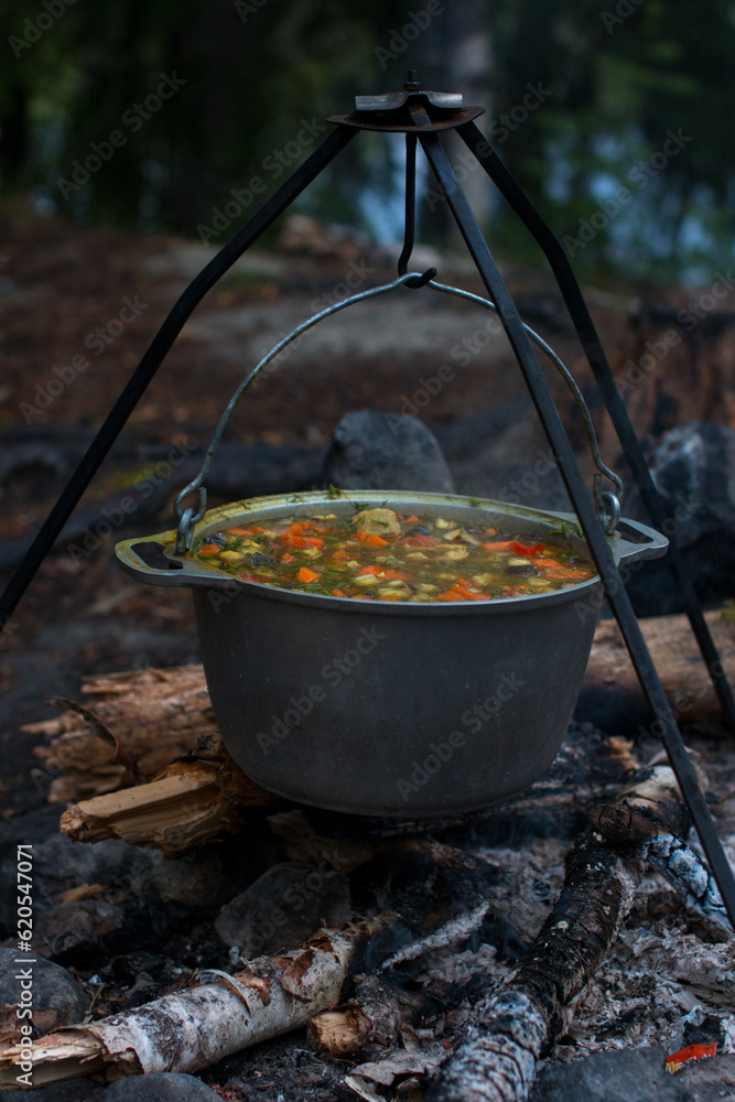 a camp pot hangs over the fire on a tripod. Cooking on a camping trip, hiking a camp pot hangs over the fire on a tripod. Cooking on a camping trip, hiking
