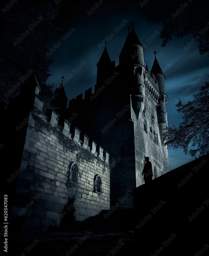 In Shakespeare's Hamlet the Ghost of King Hamlet: A translucent, eerie image of the Ghost of King Hamlet wandering the battlements of Elsinore Castle in the moonlight.