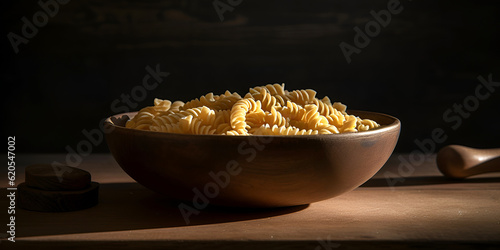 Raw pasta fusilli in a bowl on dark wooden background.
