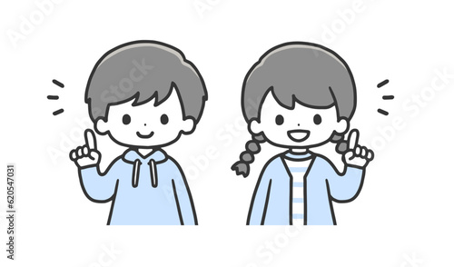 指差しポーズの男の子と女の子　上半身