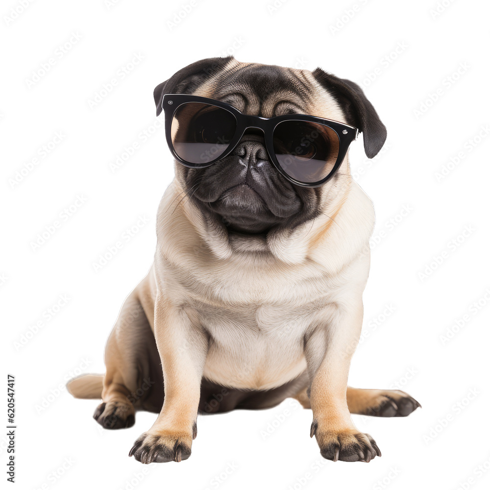 Pug dog wearing sunglasses and sitting isolated on transparent background.