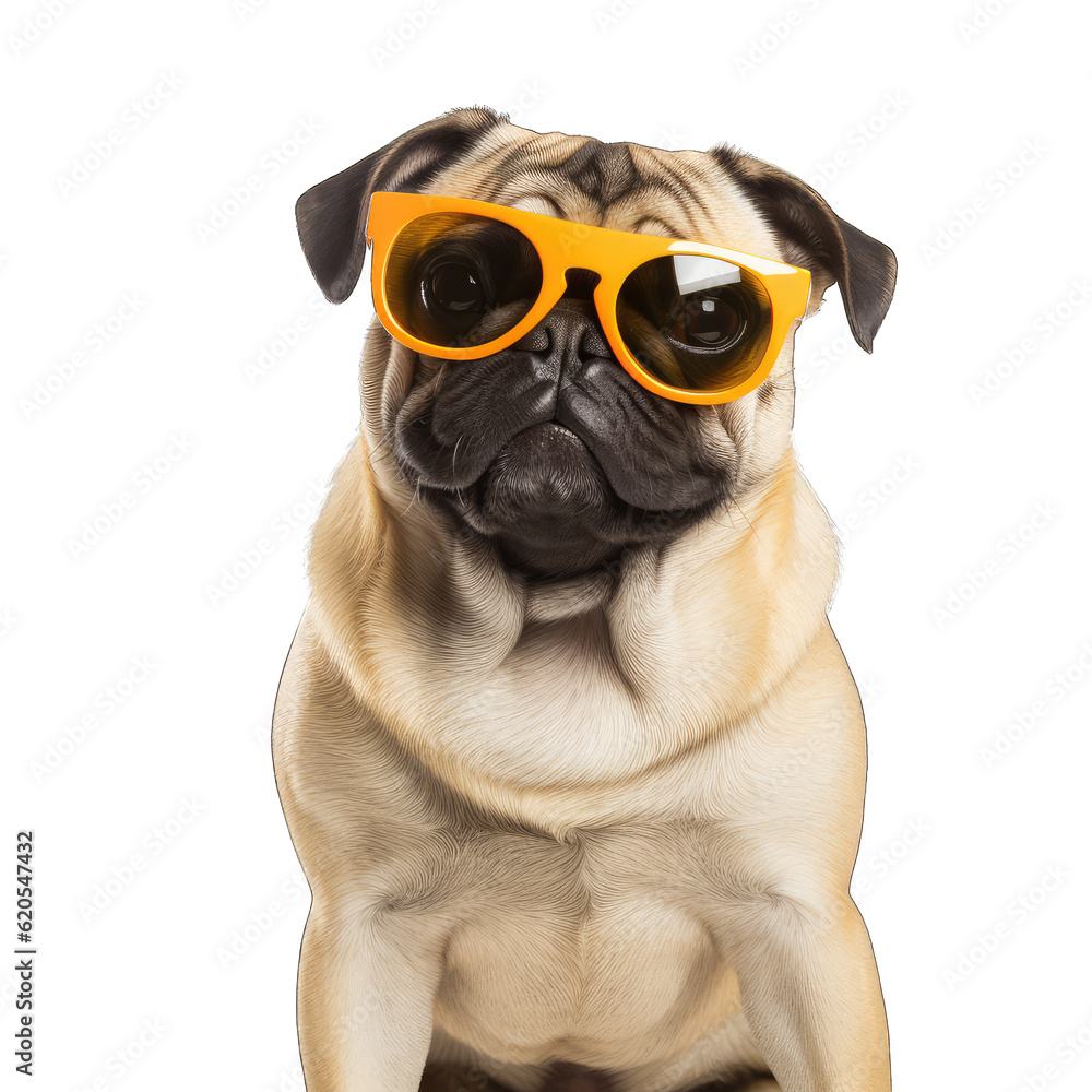 Funny pug dog wearing orange sunglasses isolated on transparent background.