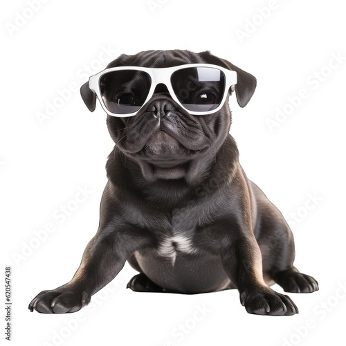 The Black pug dog in white sunglasses isolated on transparent background © Tida