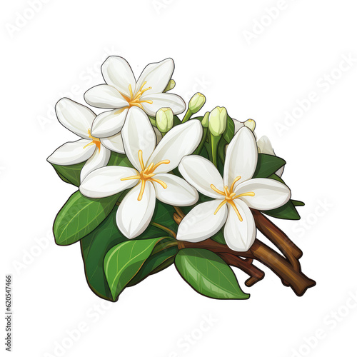 Jasmine flowers with green leaves on transparent background for object © Tida