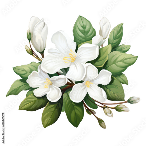 Jasmine flowers with green leaves isolated transparent background  © Tida
