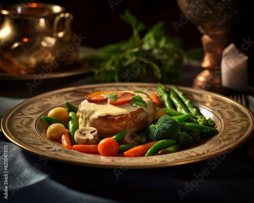 Fototapeta Naklejka Na Ścianę i Meble -  Blanquette de Veau with a golden crust and steamed vegetables on a plate