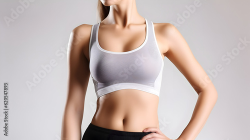close up shot of fit woman wear gym clothes posing on soft background © yusuf
