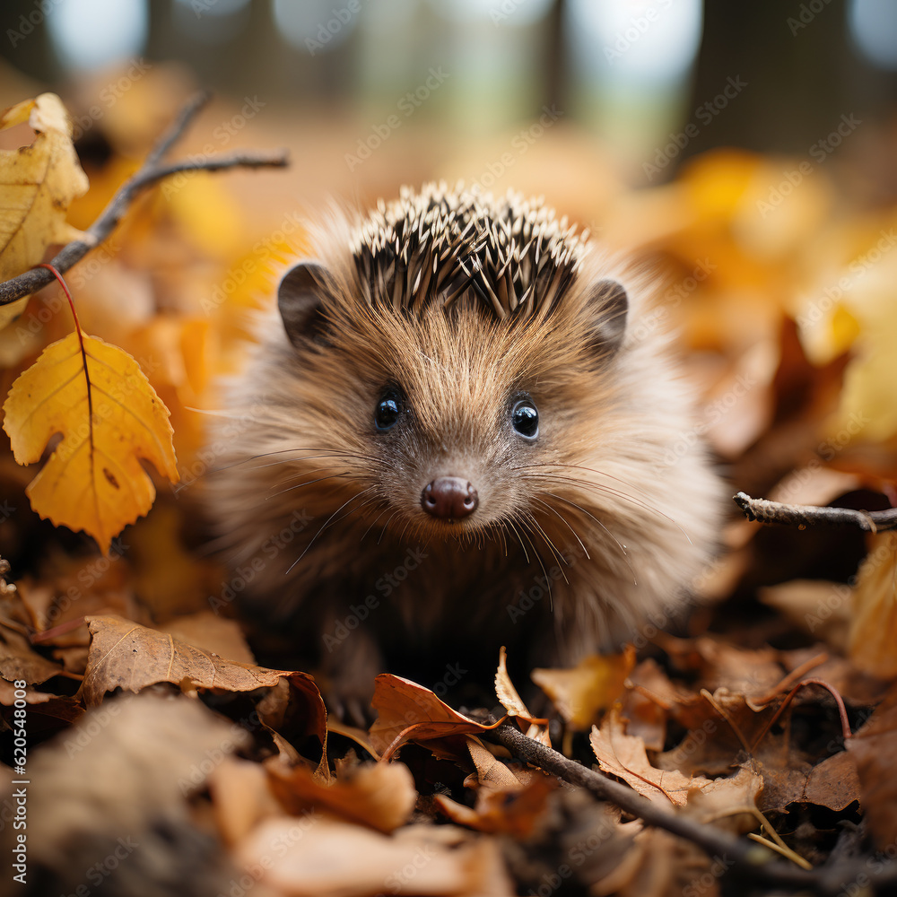 Hedgehog Appearing Through the Autumn Leaves-Generative AI Hedgehog Appearing Through the Autumn Leaves-Generative AI