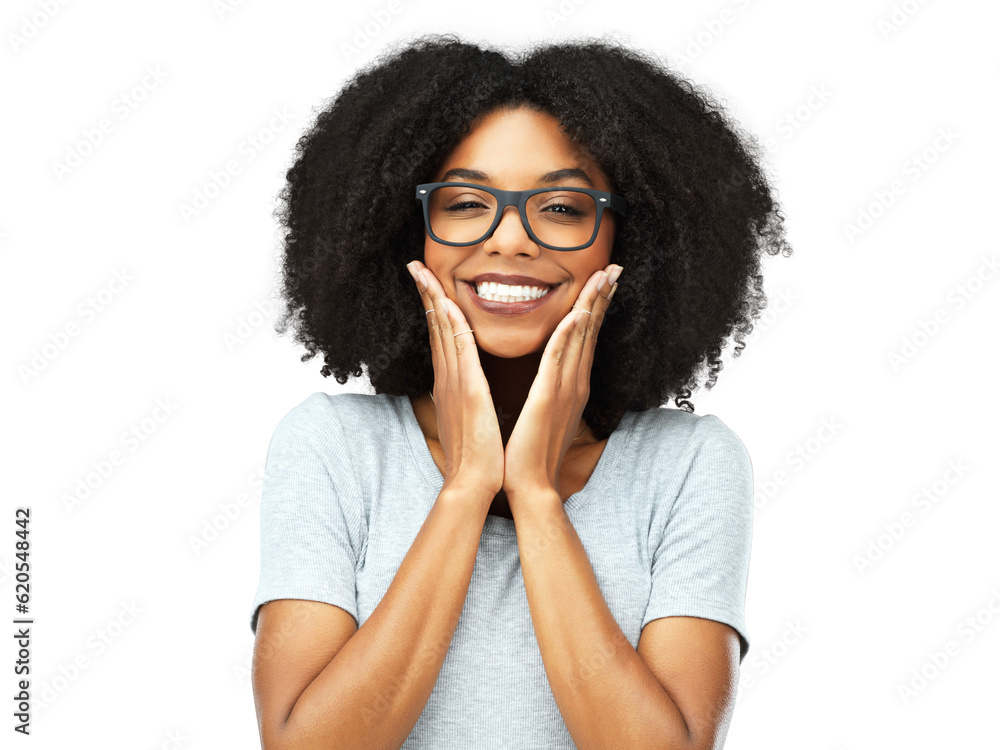 Happy, smile and portrait of a woman with a cute, innocent and sweet facial expression. Happiness, glasses and female model from Brazil with hands on her face isolated by a transparent png background Happy, smile and portrait of a woman with a cute, innocent and sweet facial expression. Happiness, glasses and female model from Brazil with hands on her face isolated by a transparent png background
