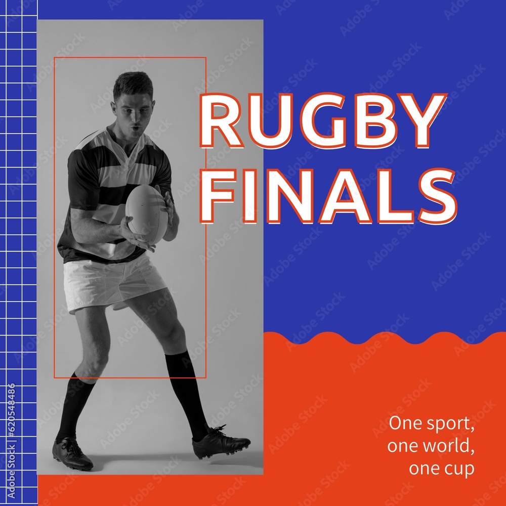 Obraz premium Rugby finals, one sport text and caucasian male rugby player holding ball, on red and blue