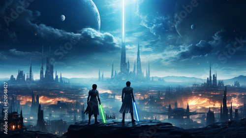 Unidentified warriors with the multi-colored light sabers