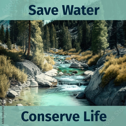 Composition of save water conserve life text over stream in mountains