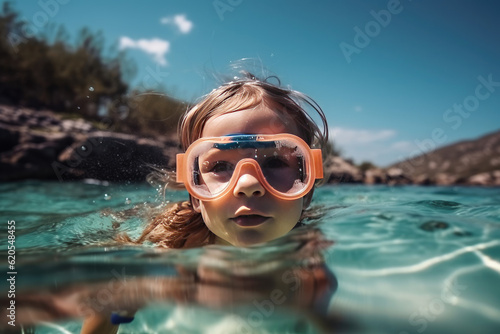 Little girl snorkeling on the sea. AI generative © santypan