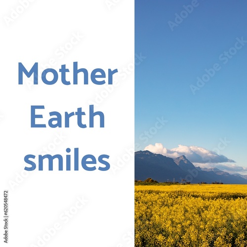 Composition of mother earth smiles text over field in mountains